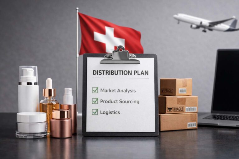 Kosmetik Distributor Schweiz Aufbau mit Hautpflege Produkten und professionellem Vertriebskonzept